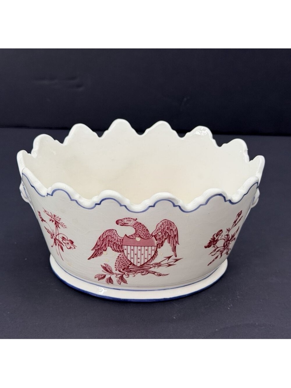 Mottahedeh Eagle Porcelain Bowl Red Blue Scalloped Edge Colonial Patriotic Decor
